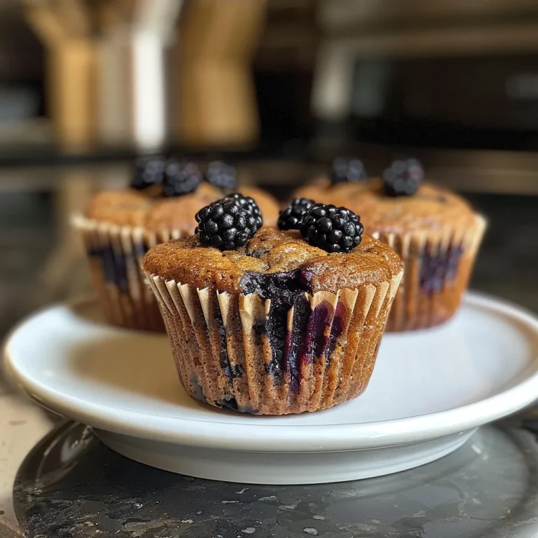 Muffins protéinés sans gluten : une douceur saine à déguster Close-up view of golden-brown gluten-free muffins with blackberries on a wooden table.