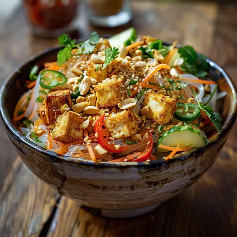Close-up of a vibrant Thai rice noodle bowl with tofu and colorful vegetables.