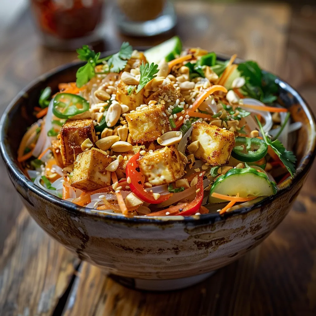 Close-up of a vibrant Thai rice noodle bowl with tofu and colorful vegetables.