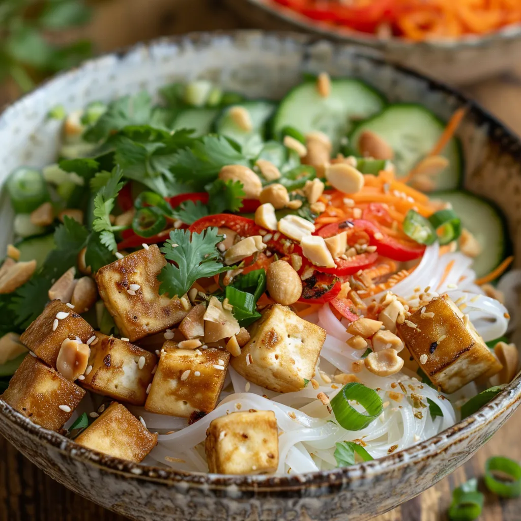 Side view of a delicious serving of Thai rice noodles topped with peanut sauce and fresh ingredients.