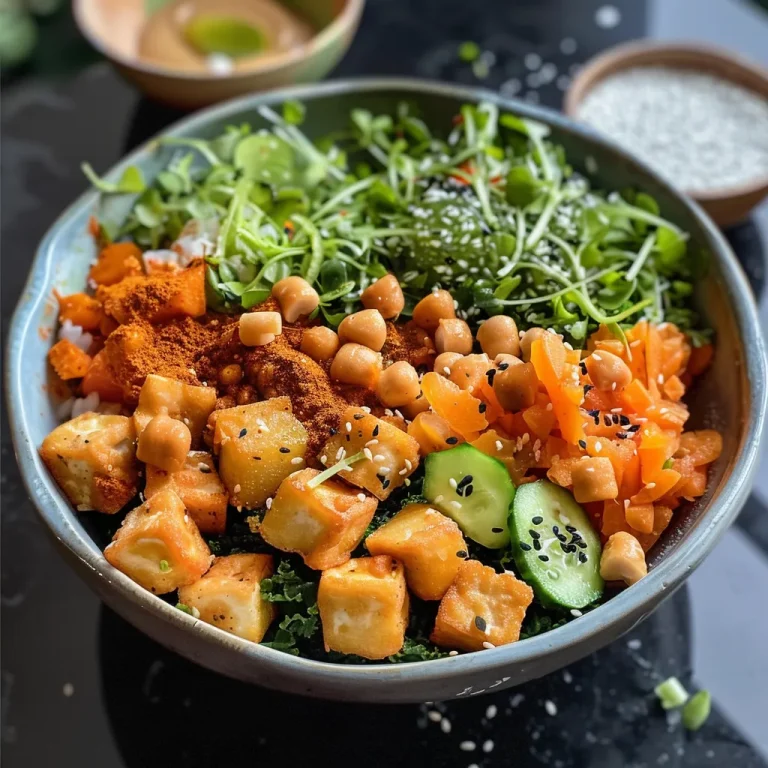 A vibrant Buddha bowl filled with coral lentils, sweet potatoes, and colorful vegetables.