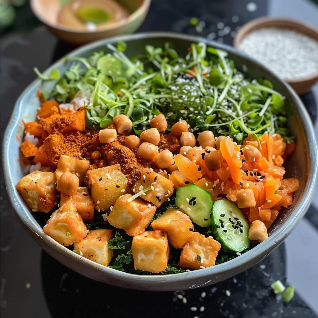 A vibrant Buddha bowl filled with coral lentils, sweet potatoes, and colorful vegetables.