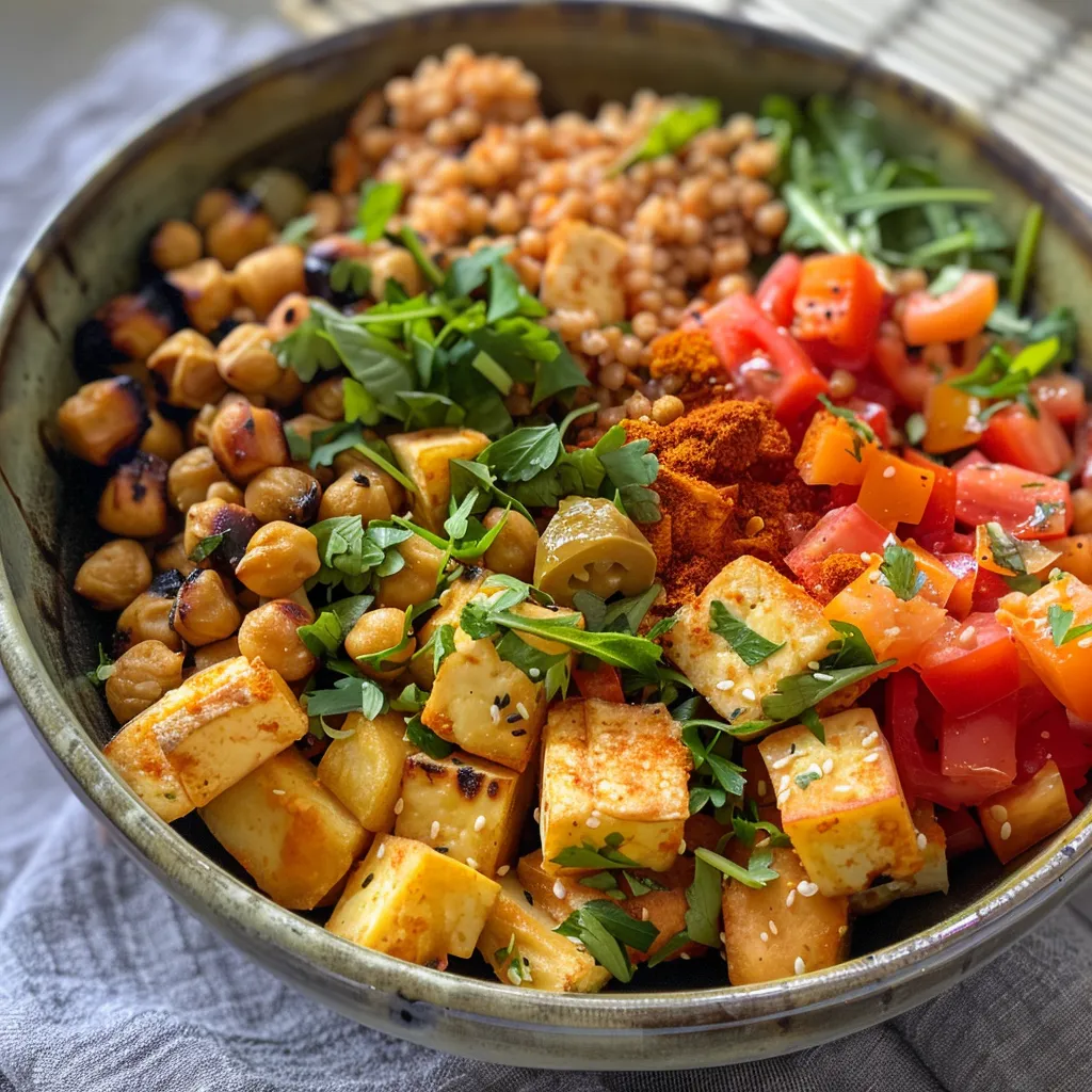 Close-up view of a Buddha bowl featuring lentils, sweet potato cubes, and fresh greens.