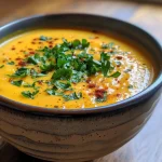 Creamy sweet potato curry soup in a bowl, garnished with herbs.
