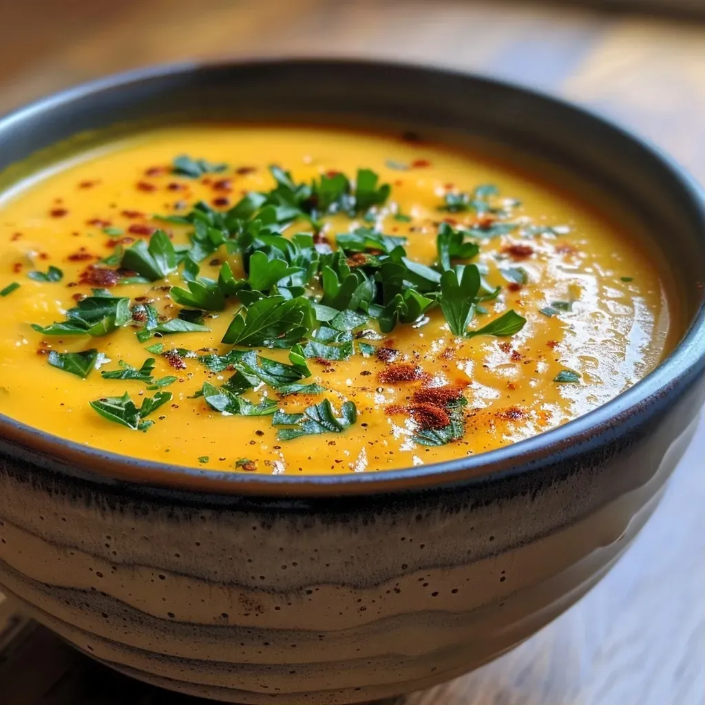 Creamy sweet potato curry soup in a bowl, garnished with herbs.