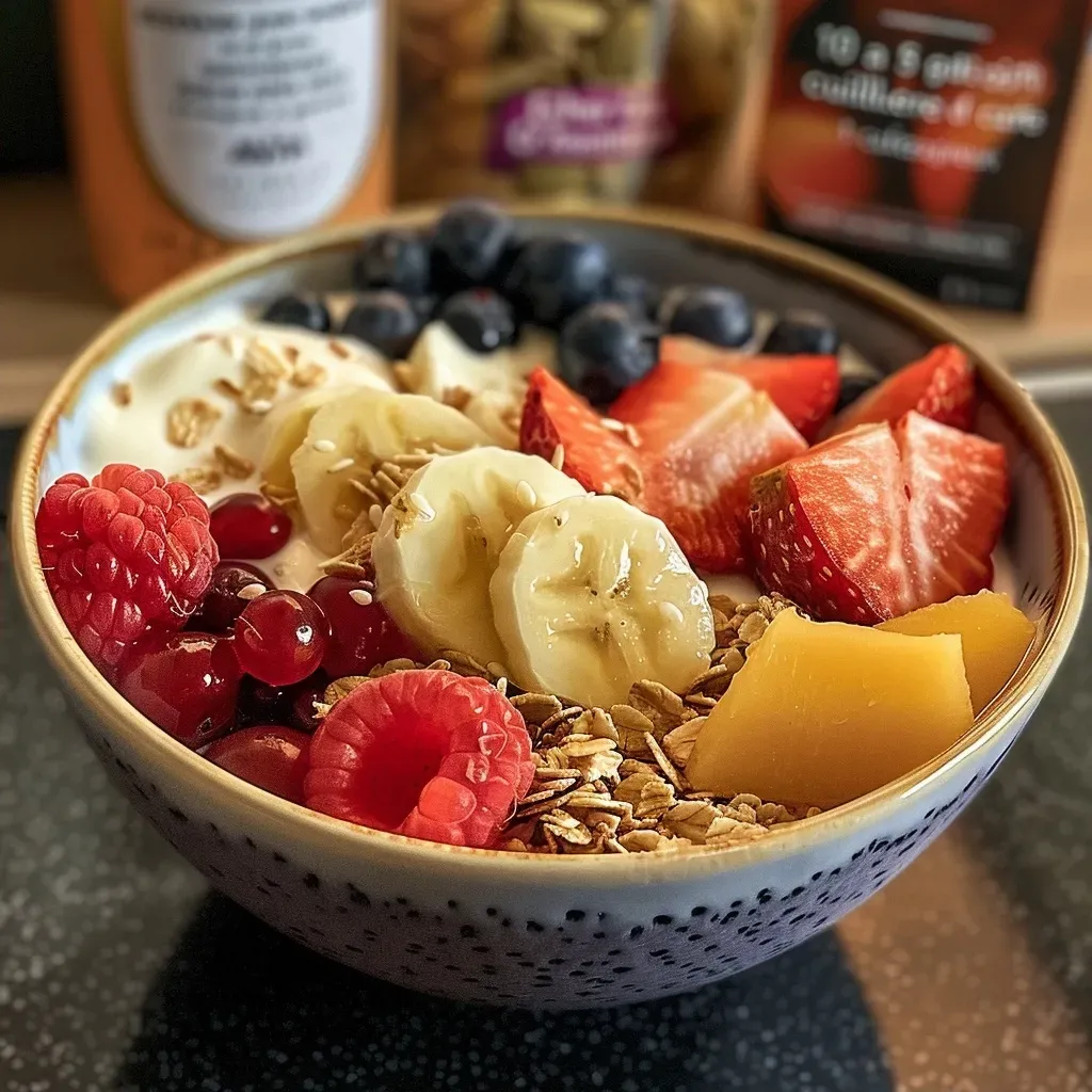 Side view of a healthy yaourt bowl showcasing layers of yogurt and toppings.